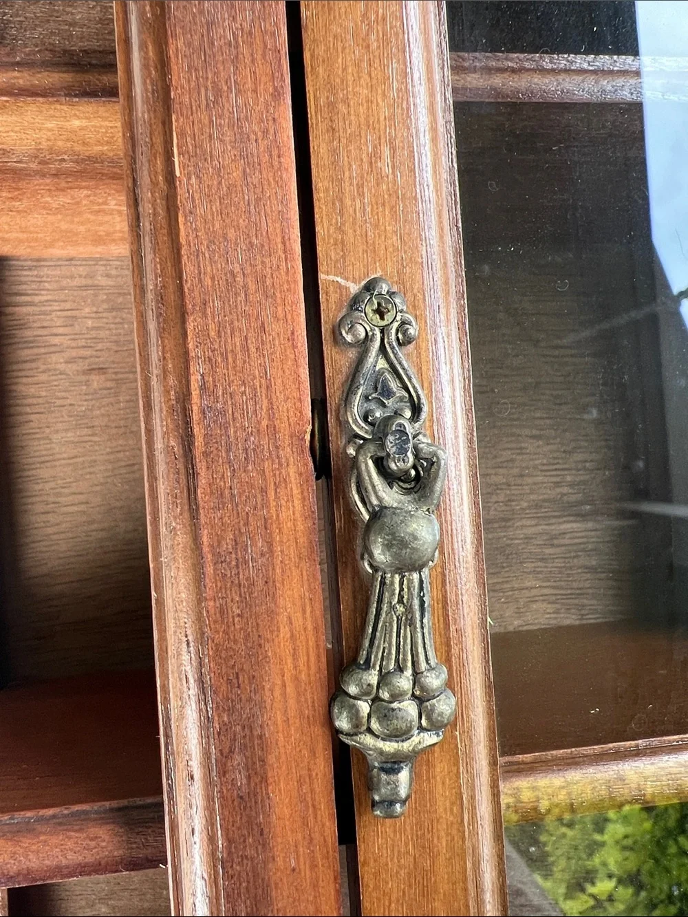 Vintage Wood Curio Display Cabinet Glass Door, Open Shelves & Decorative Detail